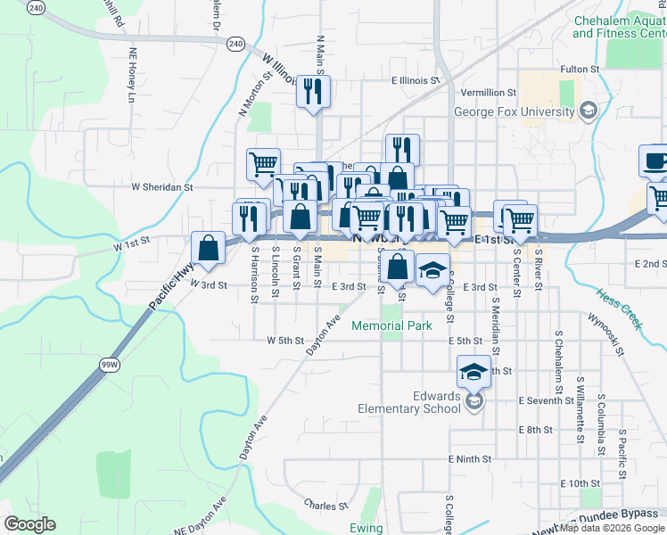 map of restaurants, bars, coffee shops, grocery stores, and more near 110 South Main Street in Newberg