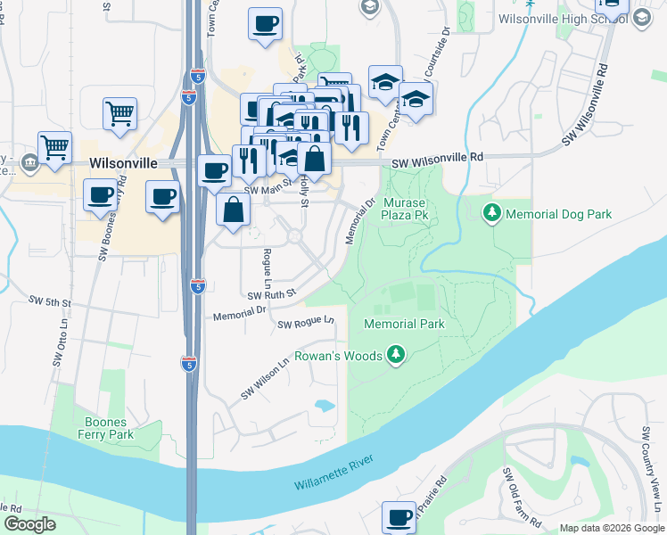 map of restaurants, bars, coffee shops, grocery stores, and more near 30380 Southwest Rebekah Street in Wilsonville
