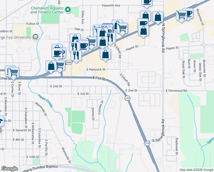 map of restaurants, bars, coffee shops, grocery stores, and more near 2499 East 2nd Street in Newberg