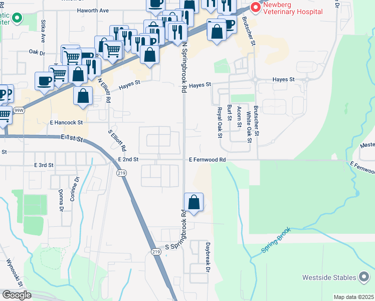 map of restaurants, bars, coffee shops, grocery stores, and more near 3355 East Fernwood Road in Newberg