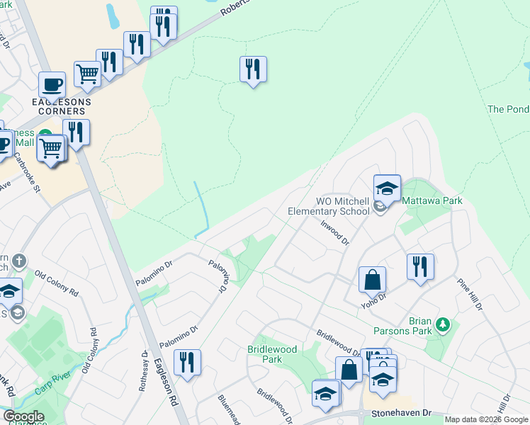 map of restaurants, bars, coffee shops, grocery stores, and more near 46 Dartmoor Drive in Ottawa
