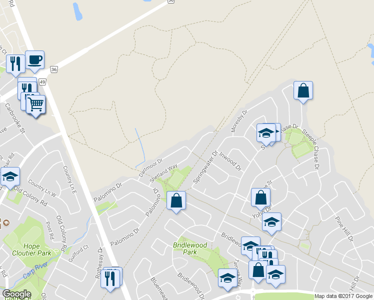 map of restaurants, bars, coffee shops, grocery stores, and more near 46 Dartmoor Drive in Ottawa