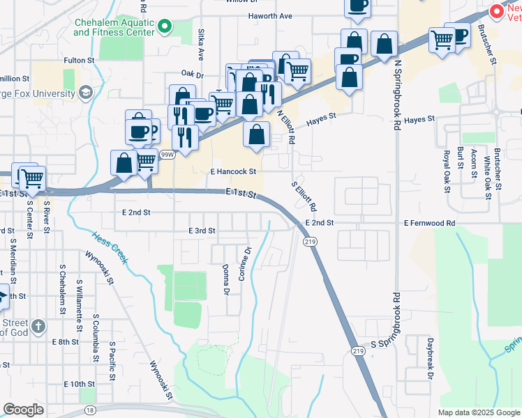 map of restaurants, bars, coffee shops, grocery stores, and more near 131 North Elliott Road in Newberg