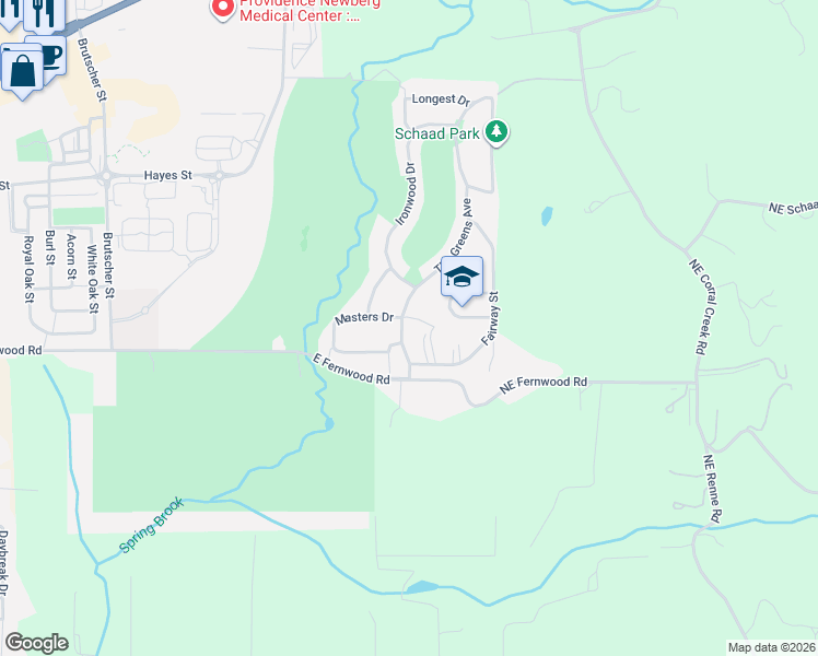 map of restaurants, bars, coffee shops, grocery stores, and more near 180 The Greens Avenue in Newberg