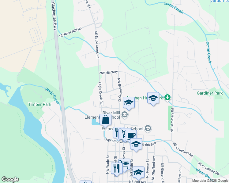 map of restaurants, bars, coffee shops, grocery stores, and more near 248 Northwest Liberty Lane in Estacada