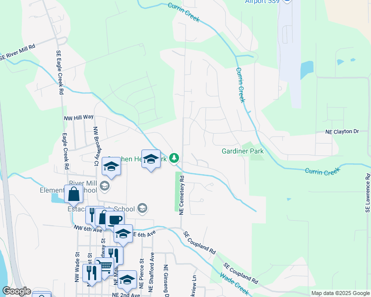 map of restaurants, bars, coffee shops, grocery stores, and more near 1200 Northeast Rockwell Drive in Estacada