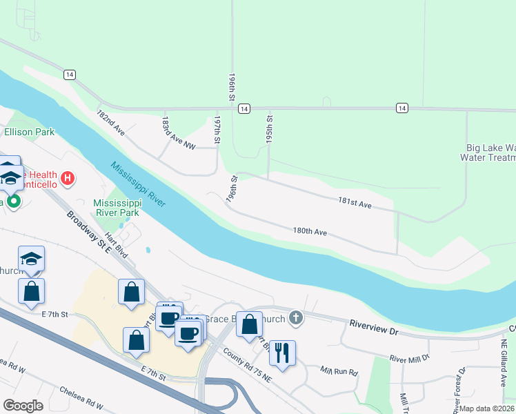 map of restaurants, bars, coffee shops, grocery stores, and more near 19505 181st Avenue in Big Lake