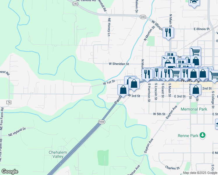map of restaurants, bars, coffee shops, grocery stores, and more near 800 West 1st Street in Newberg