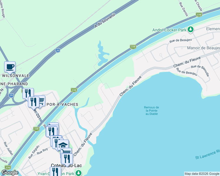 map of restaurants, bars, coffee shops, grocery stores, and more near Chemin du Fleuve in Coteau-du-Lac