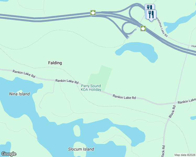 map of restaurants, bars, coffee shops, grocery stores, and more near 276 Rankin Lake Road in Parry Sound