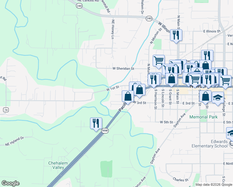 map of restaurants, bars, coffee shops, grocery stores, and more near 902 West 1st Street in Newberg