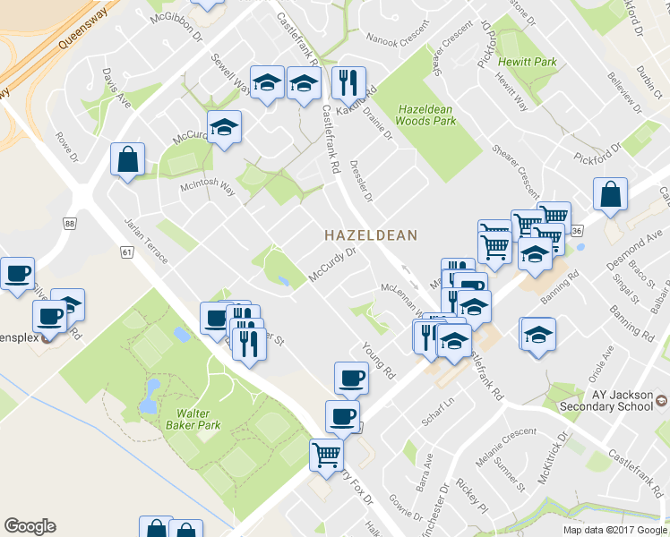 map of restaurants, bars, coffee shops, grocery stores, and more near 200 McCurdy Drive in Ottawa