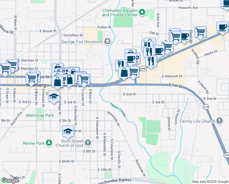 map of restaurants, bars, coffee shops, grocery stores, and more near 1411 East 2nd Street in Newberg