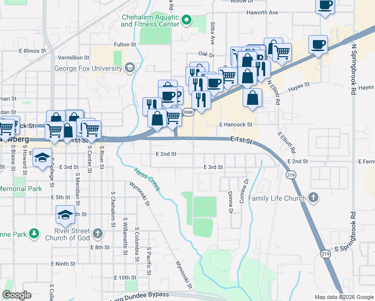 map of restaurants, bars, coffee shops, grocery stores, and more near 1559 East 2nd Street in Newberg