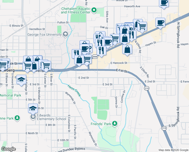 map of restaurants, bars, coffee shops, grocery stores, and more near 1559 East 2nd Street in Newberg
