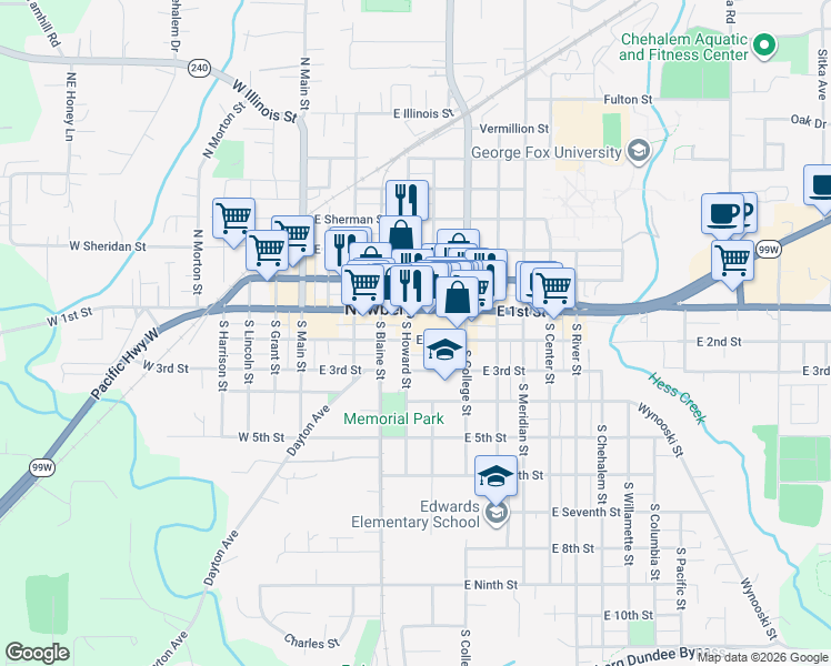 map of restaurants, bars, coffee shops, grocery stores, and more near 510 East 1st Street in Newberg