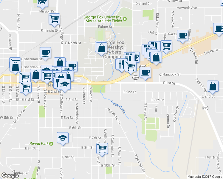 map of restaurants, bars, coffee shops, grocery stores, and more near 114 Parkview Drive in Newberg