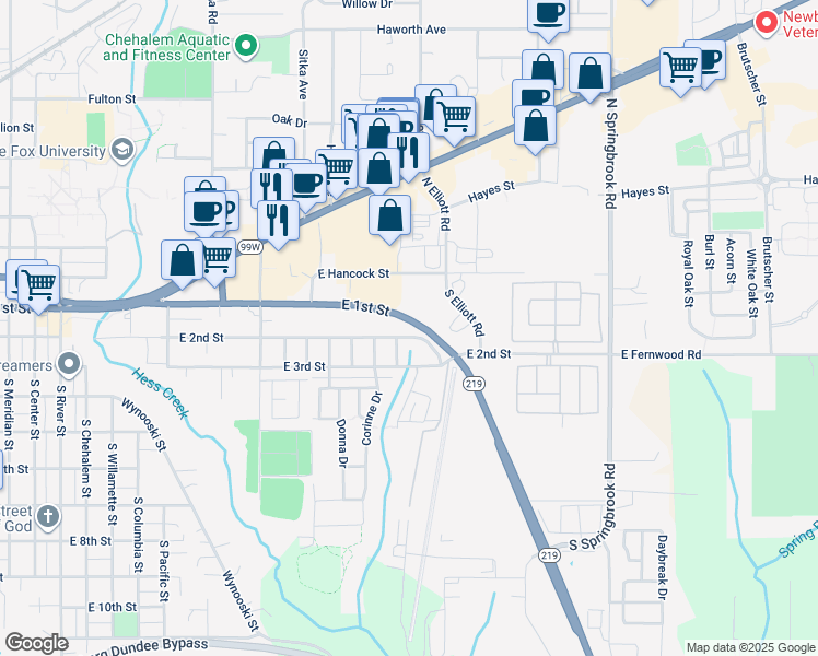 map of restaurants, bars, coffee shops, grocery stores, and more near 131 North Elliott Road in Newberg