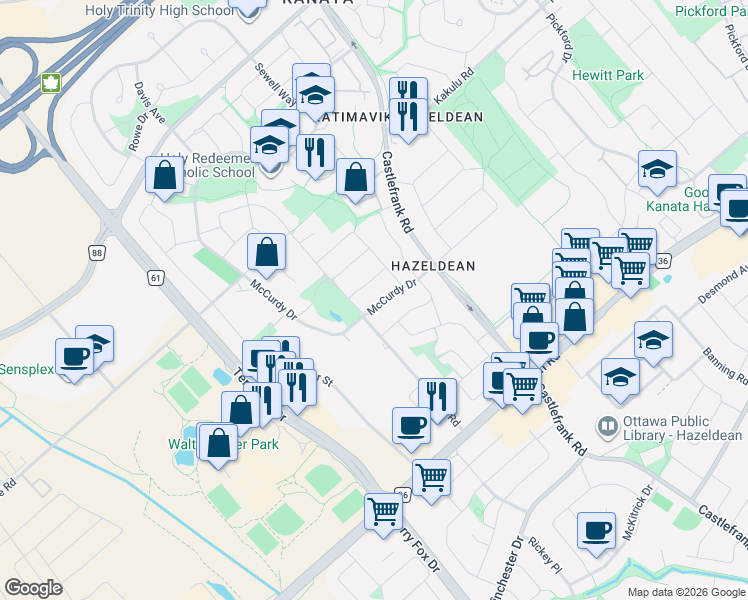 map of restaurants, bars, coffee shops, grocery stores, and more near 217 McCurdy Drive in Ottawa