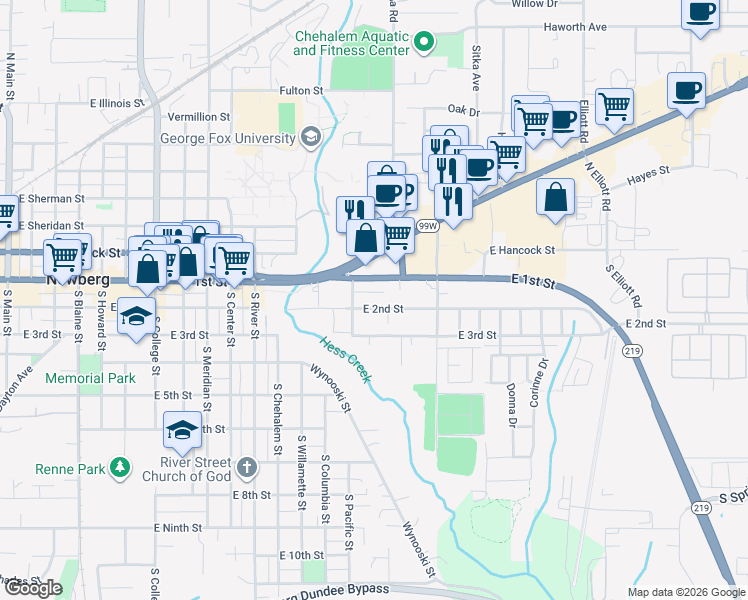 map of restaurants, bars, coffee shops, grocery stores, and more near in Newberg