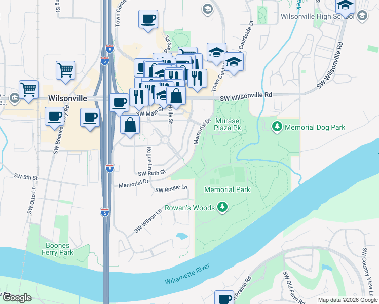map of restaurants, bars, coffee shops, grocery stores, and more near 30380 Southwest Rebekah Street in Wilsonville