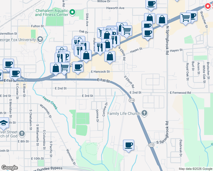 map of restaurants, bars, coffee shops, grocery stores, and more near 2301 East 2nd Street in Newberg