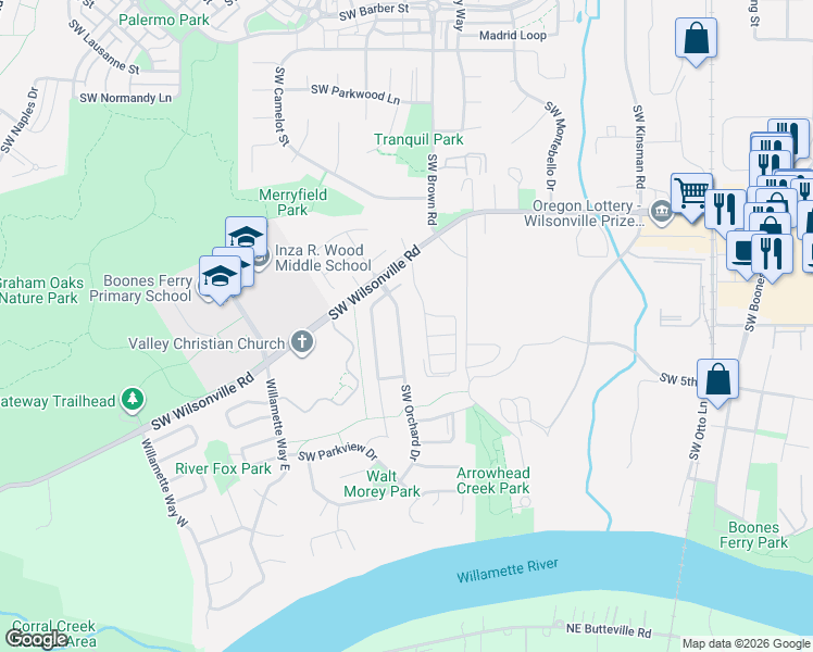 map of restaurants, bars, coffee shops, grocery stores, and more near 30828 Southwest Orchard Drive in Wilsonville
