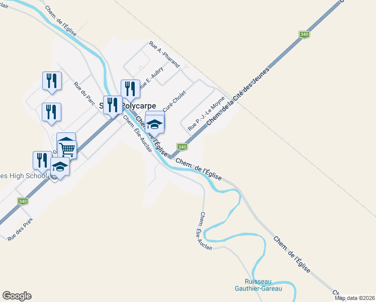 map of restaurants, bars, coffee shops, grocery stores, and more near 1202 Chemin de l'Église in Saint-Polycarpe