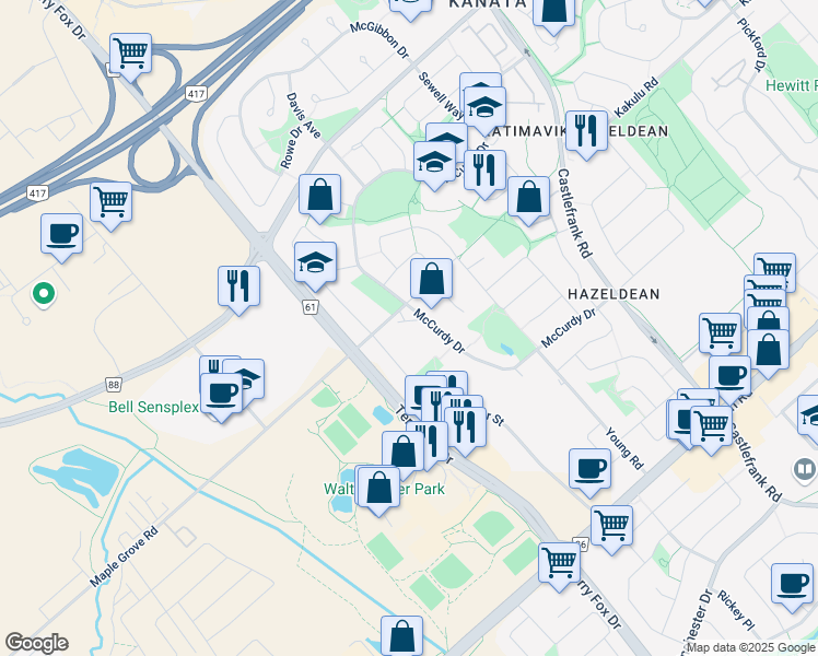 map of restaurants, bars, coffee shops, grocery stores, and more near 110 McCurdy Drive in Ottawa
