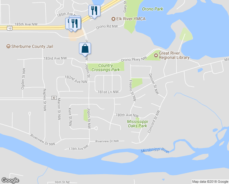 map of restaurants, bars, coffee shops, grocery stores, and more near 13240 181st Lane Northwest in Elk River