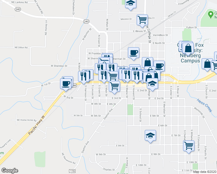map of restaurants, bars, coffee shops, grocery stores, and more near 110 South Main Street in Newberg