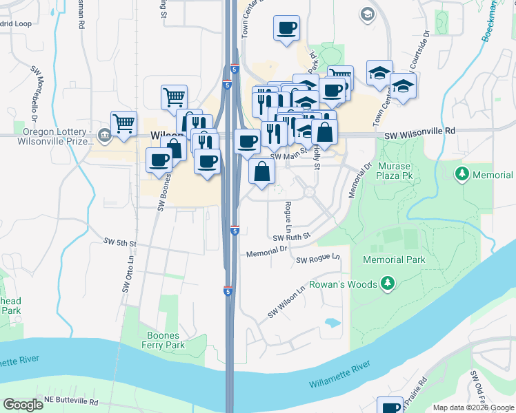 map of restaurants, bars, coffee shops, grocery stores, and more near 8840 SW Holly Ln in Wilsonville