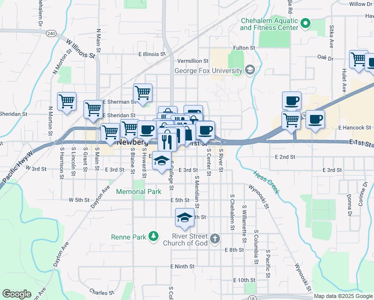map of restaurants, bars, coffee shops, grocery stores, and more near 112 South Edwards Street in Newberg