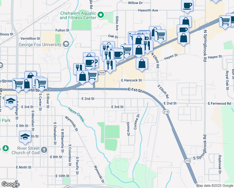 map of restaurants, bars, coffee shops, grocery stores, and more near 1619 East 2nd Street in Newberg