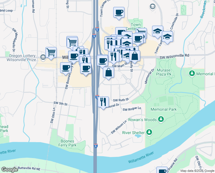 map of restaurants, bars, coffee shops, grocery stores, and more near 8840 Southwest Holly Street in Wilsonville
