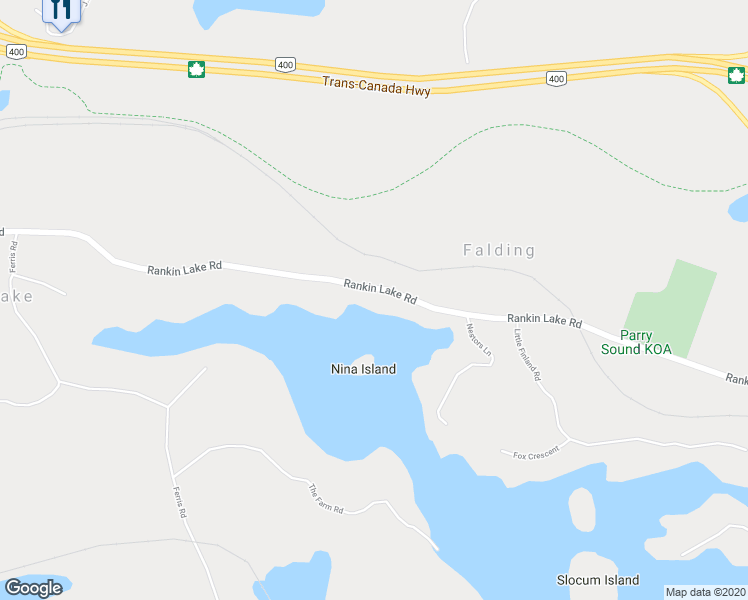 map of restaurants, bars, coffee shops, grocery stores, and more near 203 Rankin Lake Road in Parry Sound