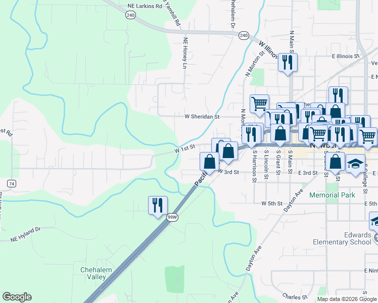 map of restaurants, bars, coffee shops, grocery stores, and more near 902 West 1st Street in Newberg