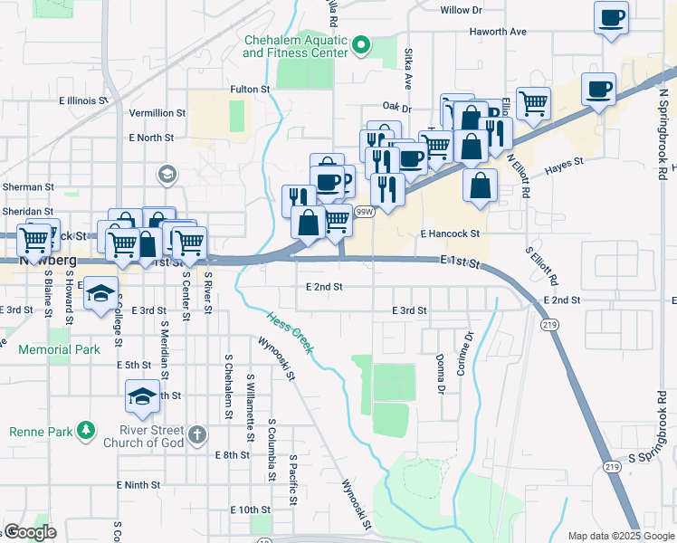 map of restaurants, bars, coffee shops, grocery stores, and more near 1544 East 1st Street in Newberg