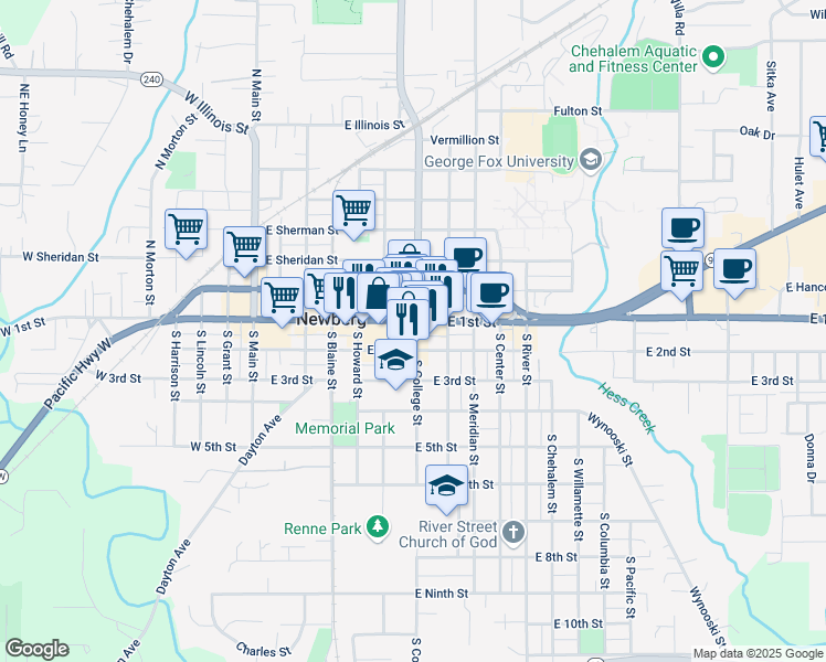 map of restaurants, bars, coffee shops, grocery stores, and more near 107 South College Street in Newberg