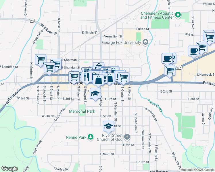 map of restaurants, bars, coffee shops, grocery stores, and more near 112 South Edwards Street in Newberg