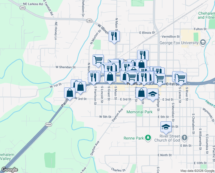map of restaurants, bars, coffee shops, grocery stores, and more near 107 South Grant Street in Newberg