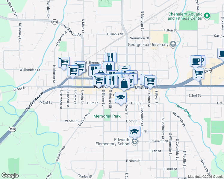 map of restaurants, bars, coffee shops, grocery stores, and more near 510 East 1st Street in Newberg