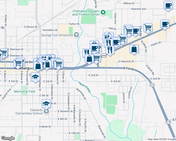 map of restaurants, bars, coffee shops, grocery stores, and more near 104 South Church Street in Newberg