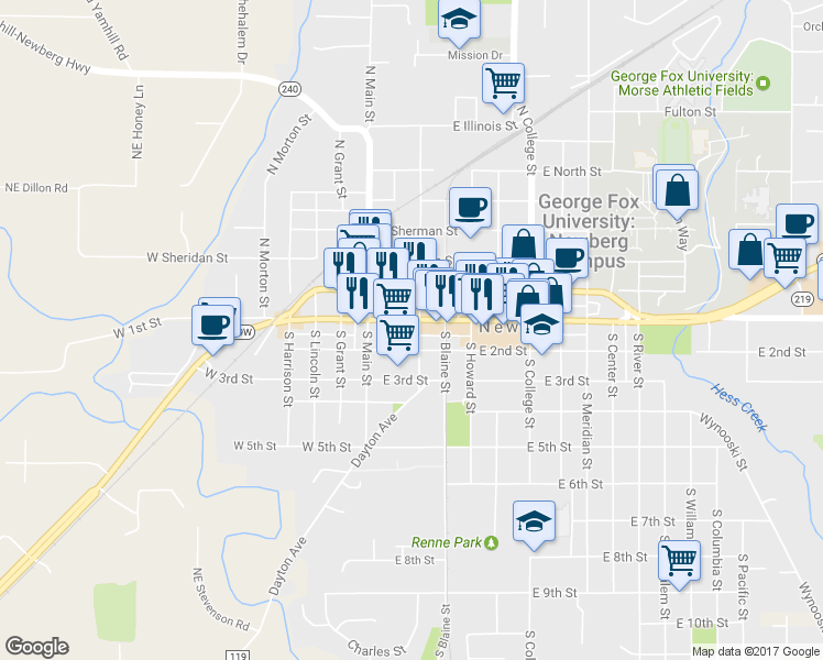 map of restaurants, bars, coffee shops, grocery stores, and more near 208 East 1st Street in Newberg