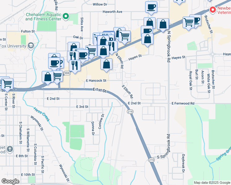 map of restaurants, bars, coffee shops, grocery stores, and more near 131 North Elliott Road in Newberg