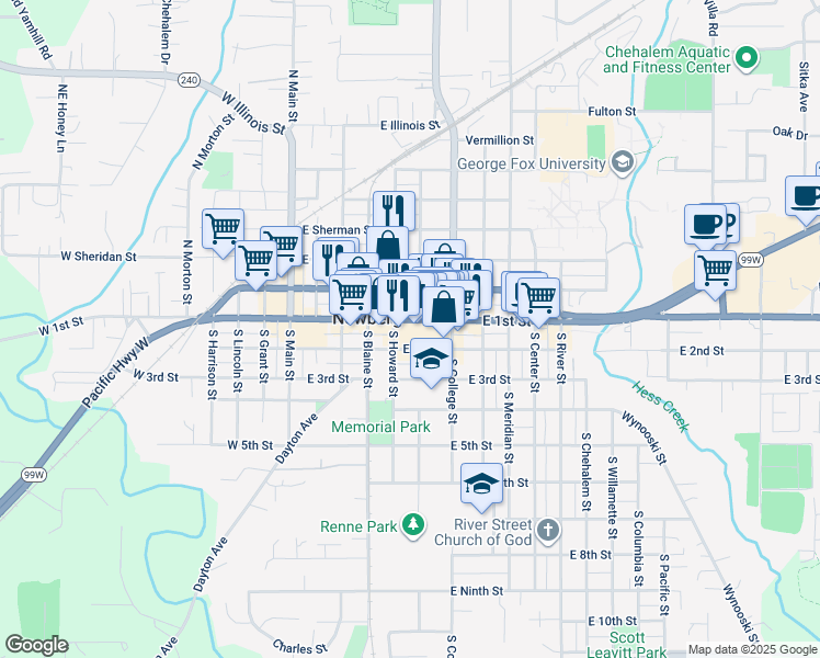 map of restaurants, bars, coffee shops, grocery stores, and more near 510 East 1st Street in Newberg
