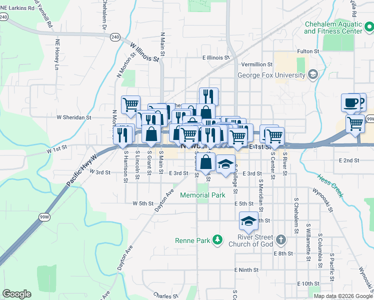 map of restaurants, bars, coffee shops, grocery stores, and more near 208 East 1st Street in Newberg