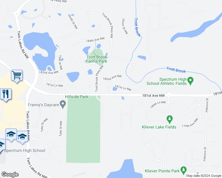 map of restaurants, bars, coffee shops, grocery stores, and more near 10544 181st Lane Northwest in Elk River
