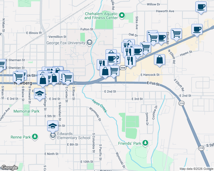 map of restaurants, bars, coffee shops, grocery stores, and more near 1508 East 1st Street in Newberg