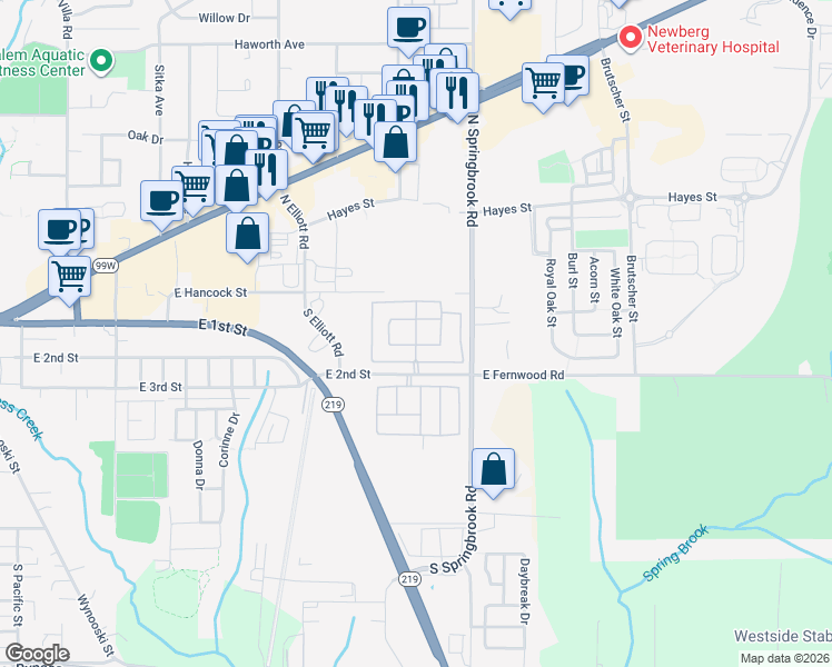 map of restaurants, bars, coffee shops, grocery stores, and more near 2901 East 2nd Street in Newberg